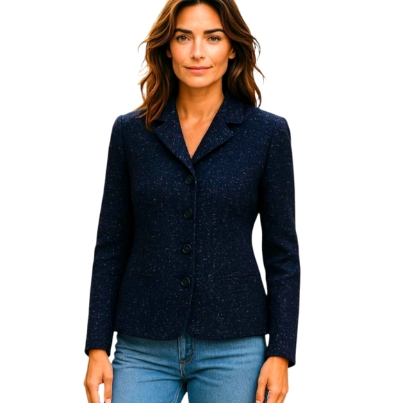 Lafayette 148 Blue Nubby Metallic thread Chic Tweed career Blazer Jacket sz 8 - Picture 1 of 10